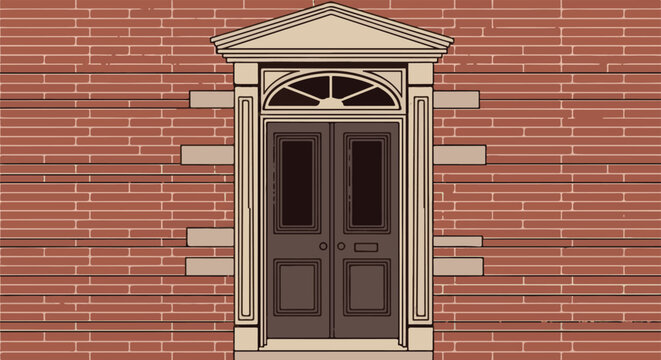 Ornate doorway with arched transom window framed by brick