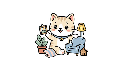 Fototapeta premium Cute Cartoon Cat with Home Decorations