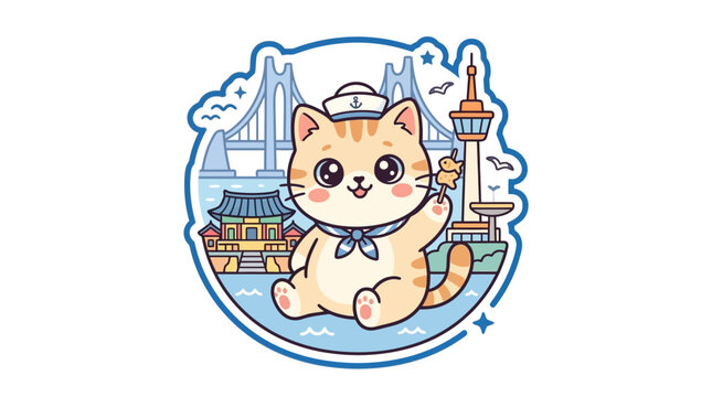 Cute Cat Sailor with Korean Landmarks