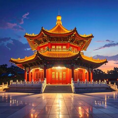 Fototapeta premium A majestic Asian temple illuminated at dusk