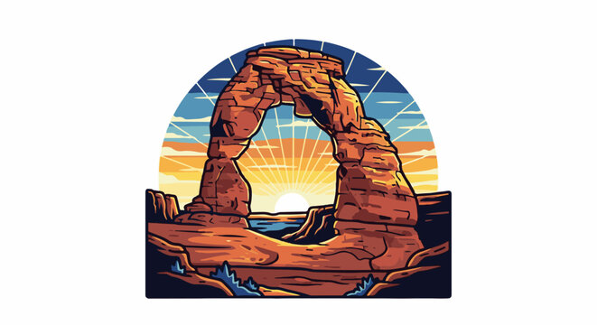 Pixelated desert arch rock formation at sunrise with colorful sky