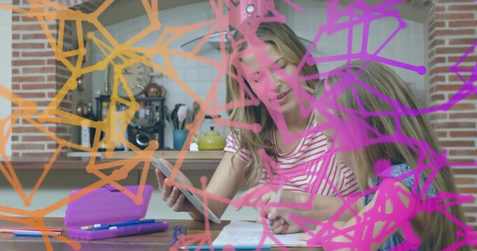 Woman tapping tablet and guiding girl writing at table as scribble graphics spreading for learning