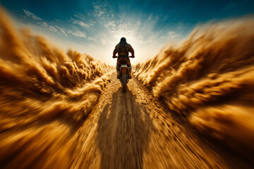 Motocross rider speeding through desert creating dust waves