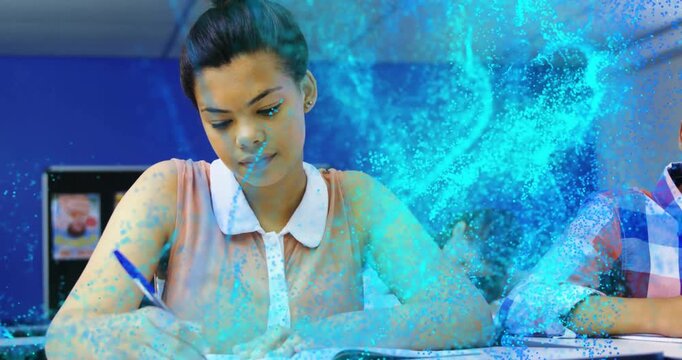 Vertical video: Student writing notes for class, turquoise effect appearing and revealing page