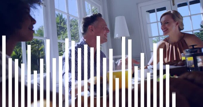 Man holding muffin and woman smiling at breakfast, camera panning, overlay animating for marketers