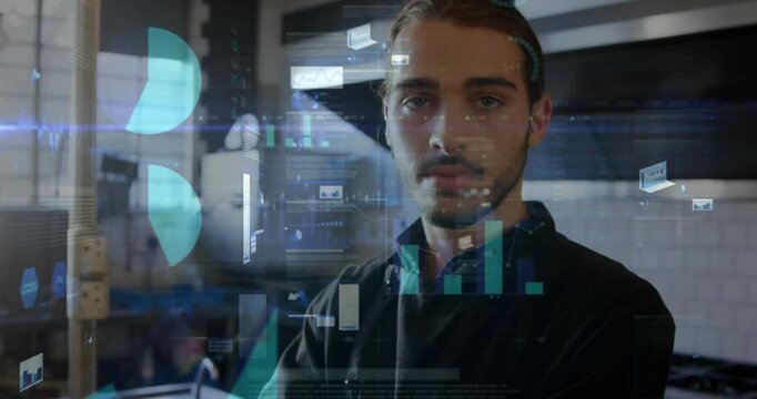Camera zooming and charts and HUD panels sliding in, chef uncrossing arms, displaying kitchen KPIs