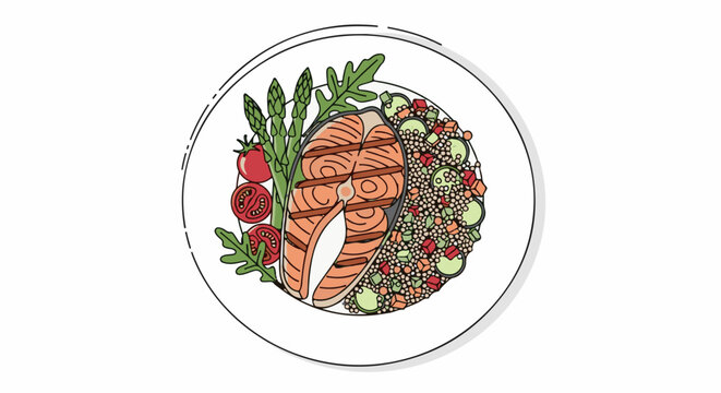 A healthy meal with grilled salmon, quinoa salad, asparagus, and tomatoes