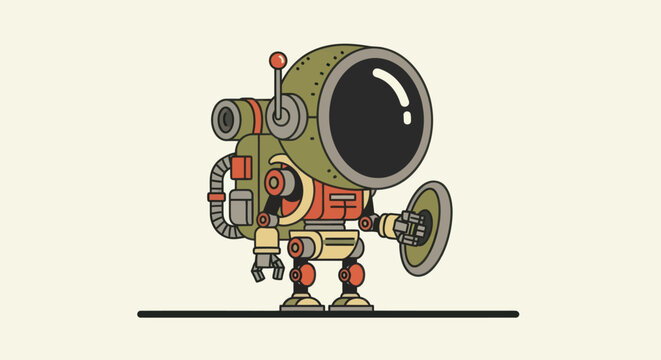 Robot with large black eye standing.