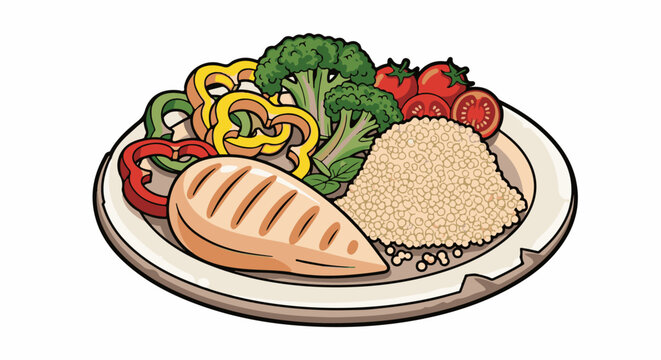 A healthy meal on a plate with grilled chicken, quinoa, and vegetables