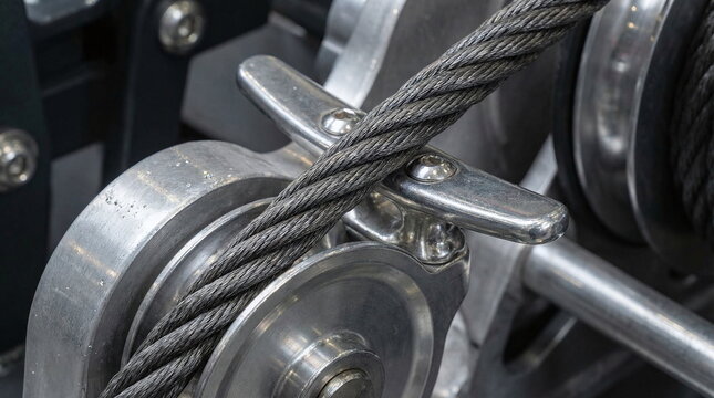 Close-up of a heavy-duty steel wire rope cable passing through a polished metal pulley and cleat mechanism