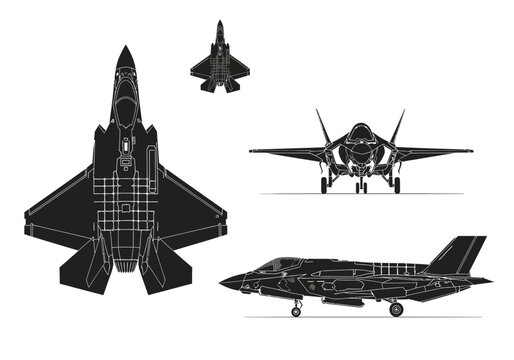 Modern Stealth Fighter Jet Silhouette Collection - 3-View Technical Drawing Schematic of Military Aircraft