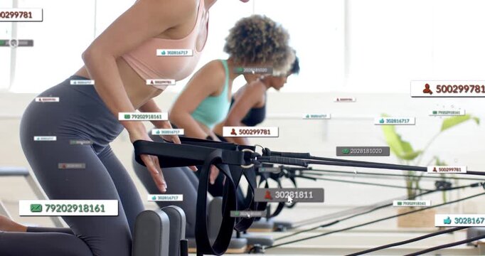 Front woman kneeling on reformer pulling straps after start cue to tone core while overlays rising