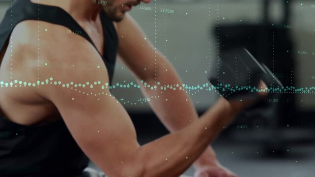 Man picking up dumbbell doing seated curls for fitness, waveform tracking reps, camera zooming