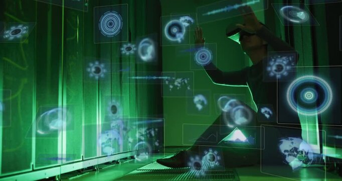 Reaching, swiping, Korean using holo UIs at server racks in dark clothes, VR headset, copy space