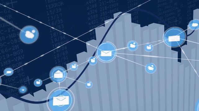 Envelope icon initiating connector lines, spawning nodes over finance chart, showing network growth