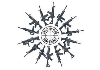 Obraz premium Tactical Shooting Club Emblem with Circle of Assault Rifles, Guns and Ammo Logo with Crosshair and AR-15 Firearms