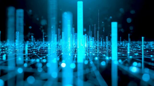 Glowing blue data pillars rising from digital grid with scattered particles creating depth and advanced technology landscape in abstract space