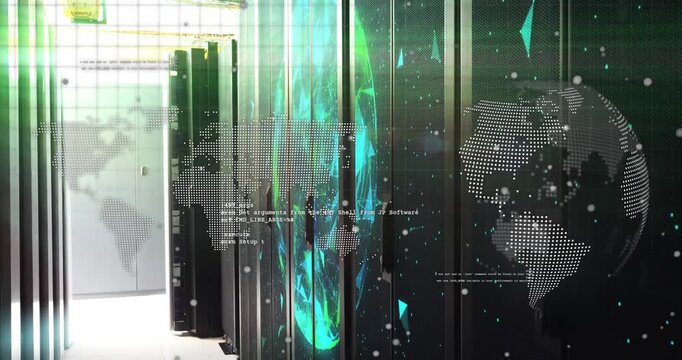 Datacenter racks showing flame as camera pushing forward shifting dotted map overlay for monitoring