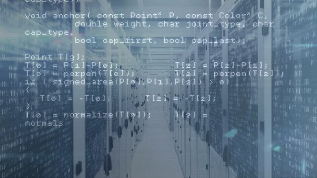 Data center aisle projecting scrolling code after system event, particles showing network activity