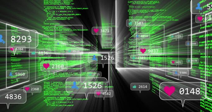 Glowing frame appearing, wireframe panels surging down data tunnel, code and bubbles showing counts
