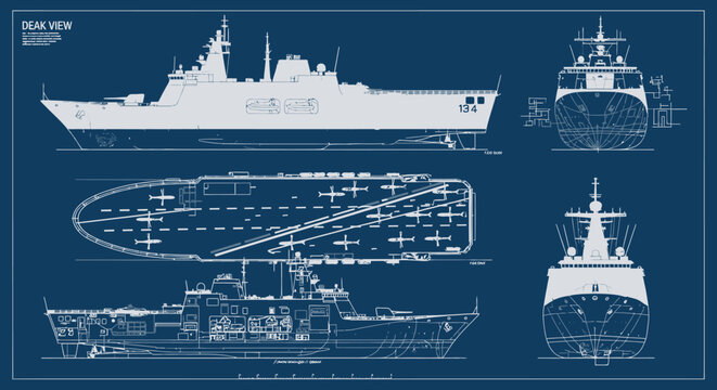 Technical Blueprint of a Modern Naval Warship showing Profile, Deck, and Elevation Views on Blue Grid Background