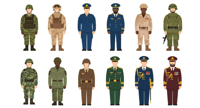 Set of Military Characters in Various Uniforms and Ranks, Flat Vector Illustration of Soldiers, Officers, and Tactical Personnel Isolated on White Background