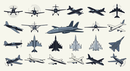 Fototapeta premium Large Set of Airplane and Fighter Jet Icons: Military Aircraft, Commercial Planes, and Vintage Propeller Models for Aviation Design and Travel Concepts