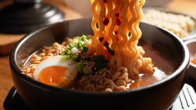 Tasty Soup Delight. Steaming Bowl Of Flavorful Miso. Enjoying Aromatic Hot Miso Noodle Soup With Toppings. Connoisseur Delights In Fragrant Steaming Miso Noodle Soup With Eggs And Sesame Seeds.