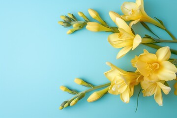 Obraz premium Yellow flowers arranged on a blue background with fresh green leaves during daylight hours in a simple setting