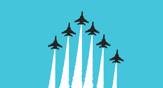 Minimalist Illustration of Jet Fighter Planes Flying in V Formation with Smoke Trails Against Blue Sky