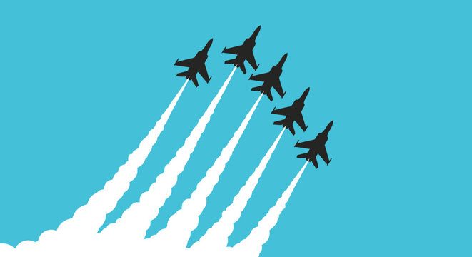 Silhouette Illustration of Fighter Jets Flying in Formation Against Blue Sky with Smoke Trails
