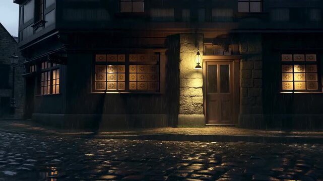 Moonlit Alley With Glowing Light. Atmospheric Cobblestone Street Bathed In Soft Lamplight And Mist