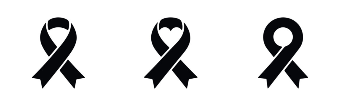 Set of three black awareness ribbon icons on a white background, including standard, heart, and circle designs for mourning and solidarity.