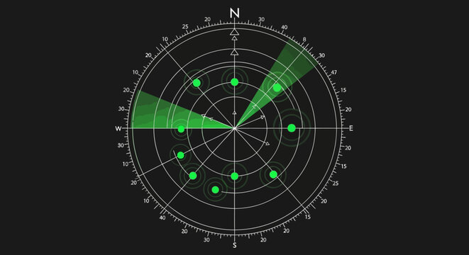 Radar Screen Interface with Green Scanning Beams and Navigation Signal Blips