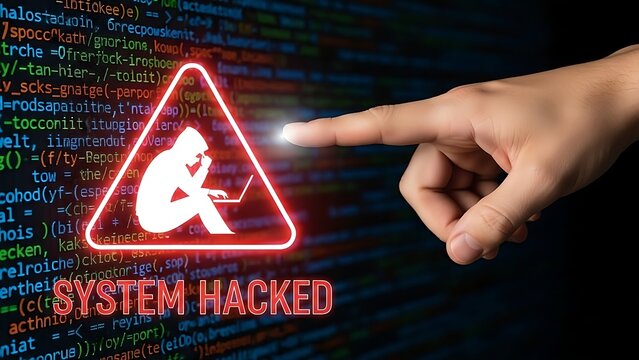 Cybersecurity threat alert with digital hacker icon and glowing red warning triangle finger pointing at screen displaying code and 'system