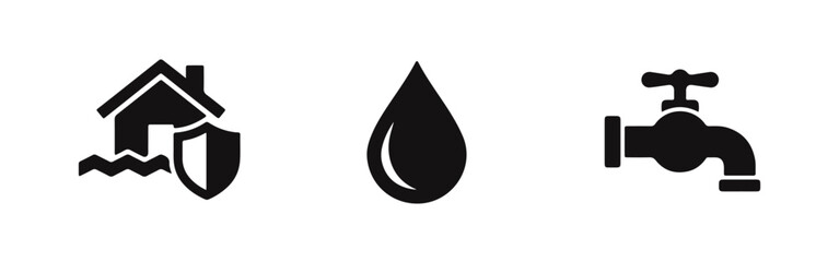Fototapeta premium Set of black icons representing flood insurance, home water protection, a water drop, and a plumbing faucet on a white background.