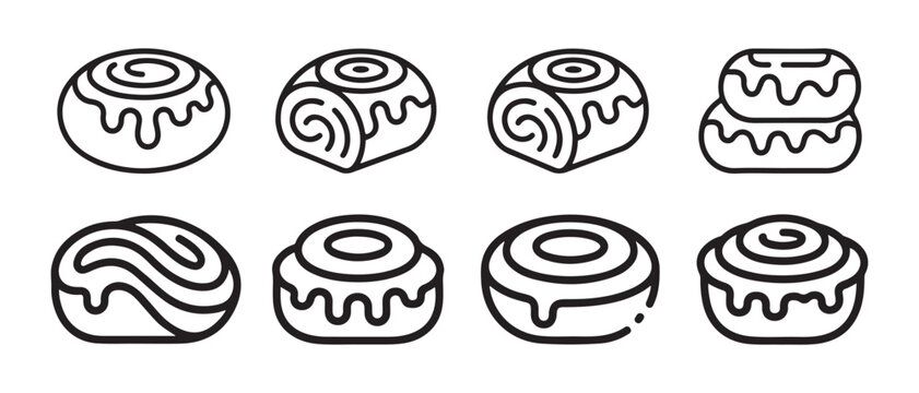 A collection of eight distinct black and white line art icons depicting various cinnamon rolls.
