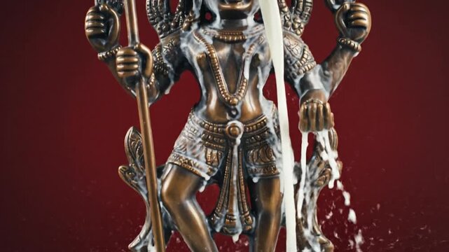 Skanda Shashti, a traditional milk abhishekam ritual being poured over a bronze idol of Lord Murugan,
