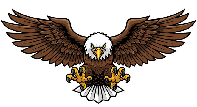 Fierce Bald Eagle Mascot Vector Illustration with Spread Wings and Extended Talons isolated on White Background