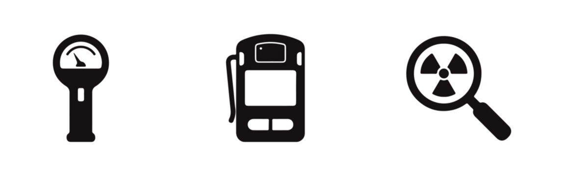 Set of black icons for radiation detection, including a handheld geiger counter, digital dosimeter, and magnifying glass with a nuclear symbol.