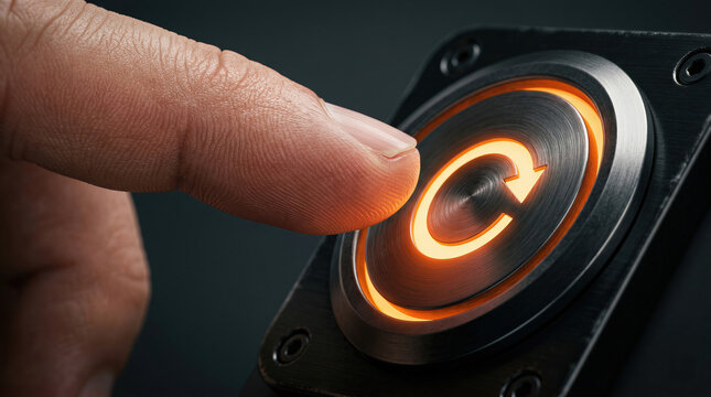 Finger pressing metal button with glowing orange reload refresh icon for restart, reset, update, or technology control concept.