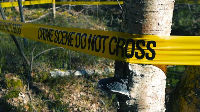 Crime scene tape cordoning off a wooded area