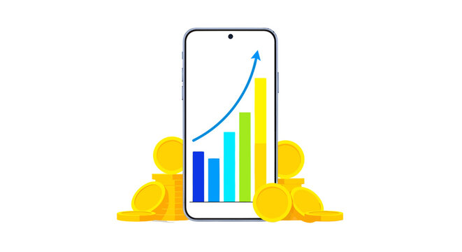 Mobile Phone Displaying a Financial Growth Chart with Stacks of Gold Coins