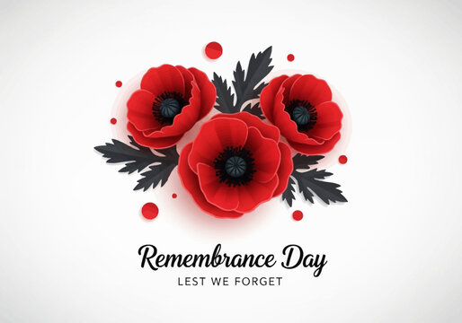 Remembrance Day Banner with Red Poppies and Lest We Forget Text, 3D Paper Cut Style Flower Illustration for Veterans Day, Anzac Day or Memorial Day