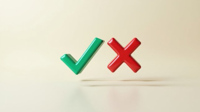 S&iacute;mbolos de marca de verificaci&oacute;n y cruz flotando en el aire, fondo m&iacute;nimo, alto contraste, aprobaci&oacute;n versus rechazo
