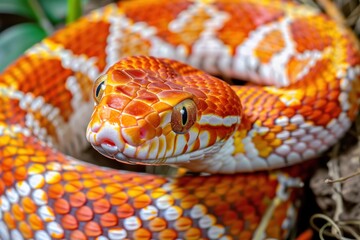 Fototapeta premium Bright coloration and close-up view of a corn snake in a natural setting with plants around it in daylight