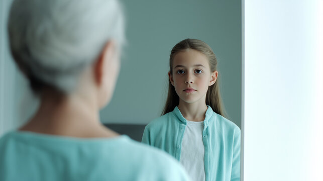 Senior woman looking at reflection of herself as a young girl in mirror, contemplating youth, memory, growing up, and the passage of time