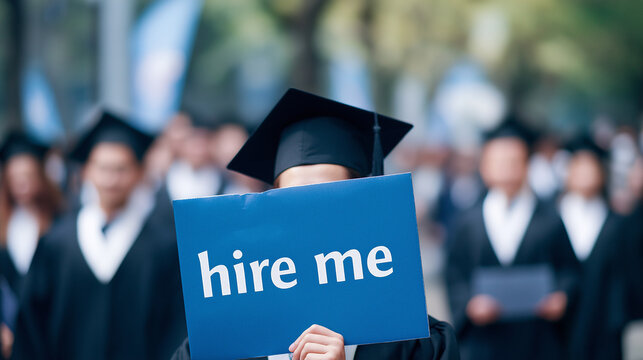 New graduate seeking employment holding a hire me sign, representing the challenges of job search for young professionals after college graduation and the need for recruitment