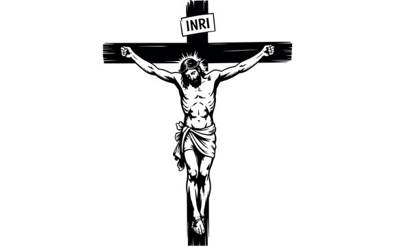 Dramatic black and white crucifixion statue of Jesus Christ with INRI sign on dark background isolated