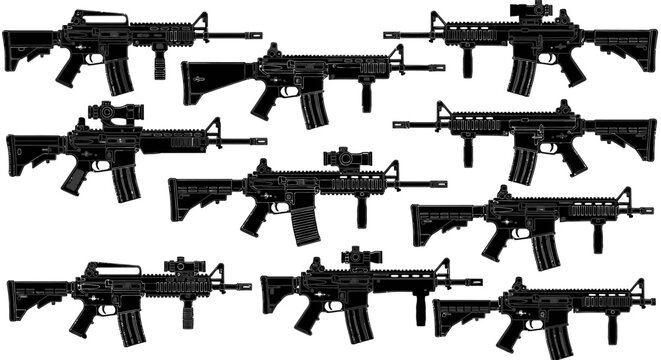 Set of Assault Rifle Silhouettes and Tactical M4 AR-15 Carbine Vector Illustrations for Military, Gaming, and Defense Graphic Design
